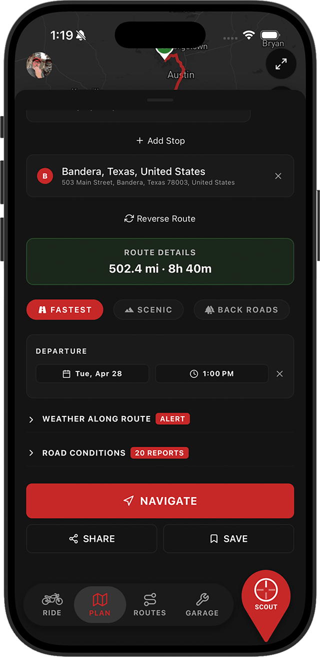 App mockup: Route planner with weather