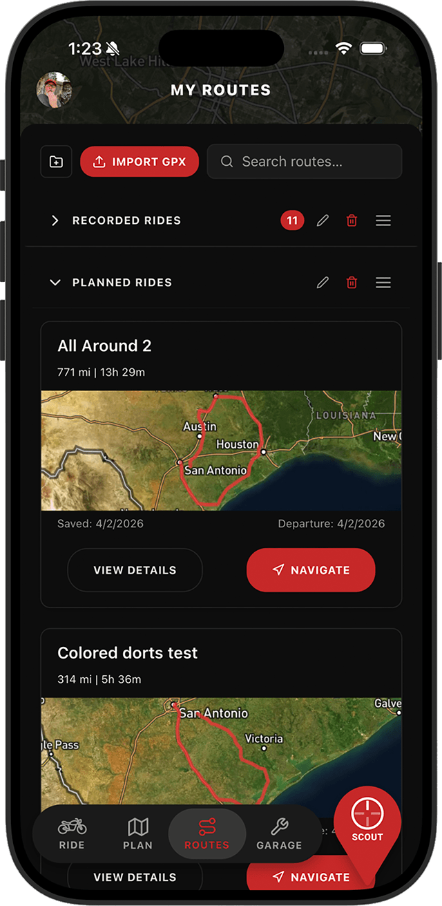 App mockup: Routes tab with ride list