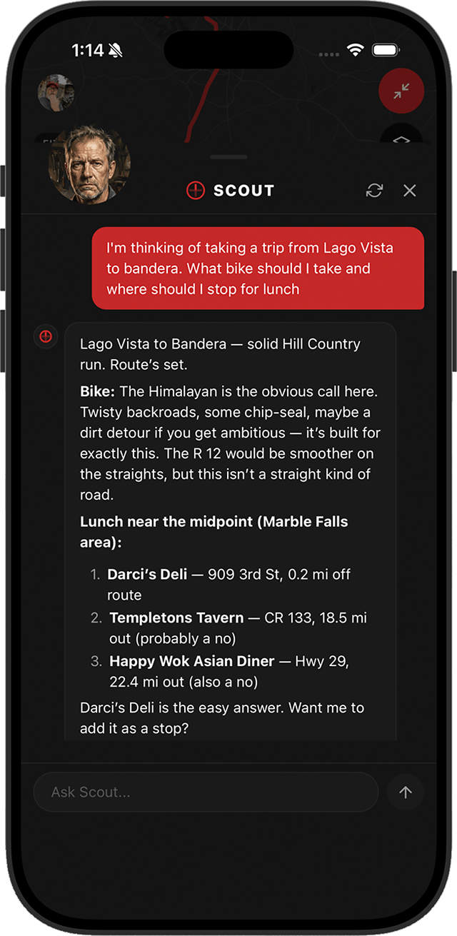 App mockup: Scout conversation view