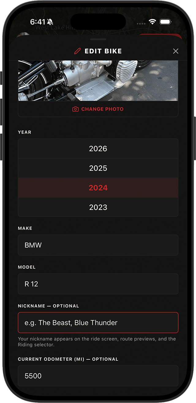App screenshot: Garage bike profile screen