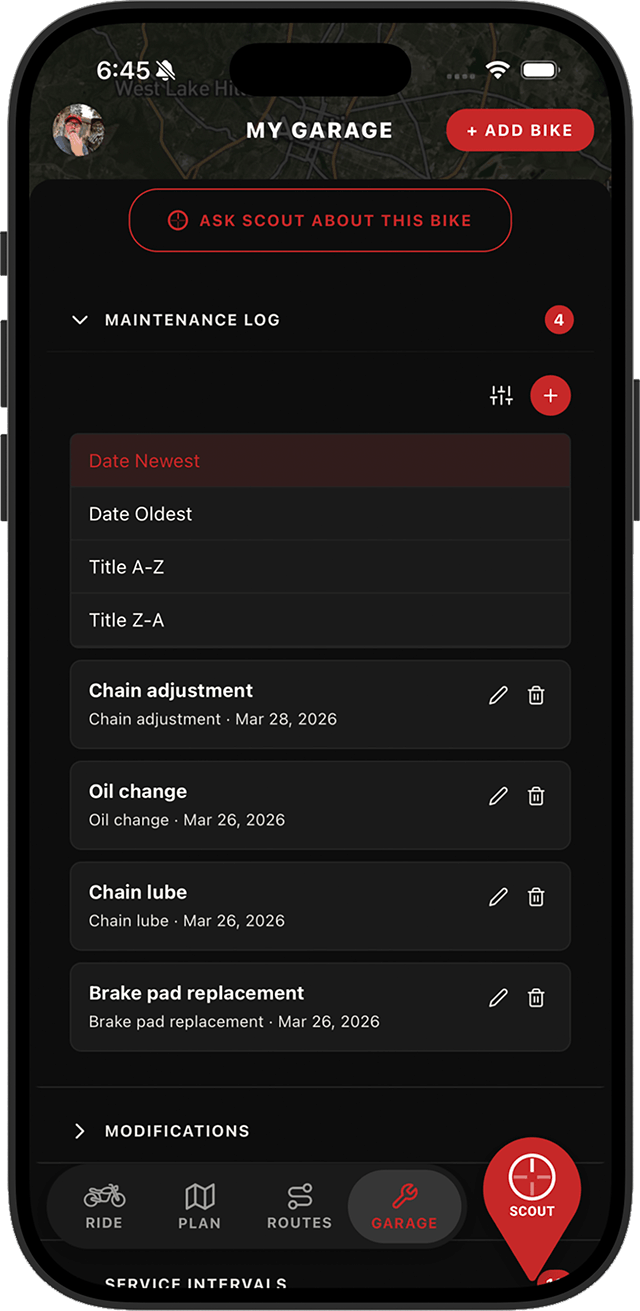 App screenshot: Maintenance log screen