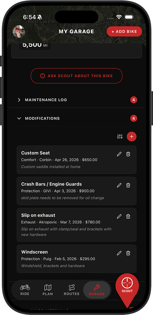 App screenshot: Modifications screen