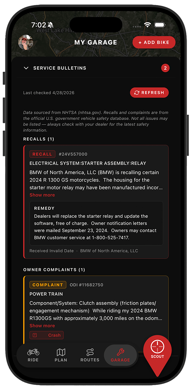 App screenshot: Service bulletins screen