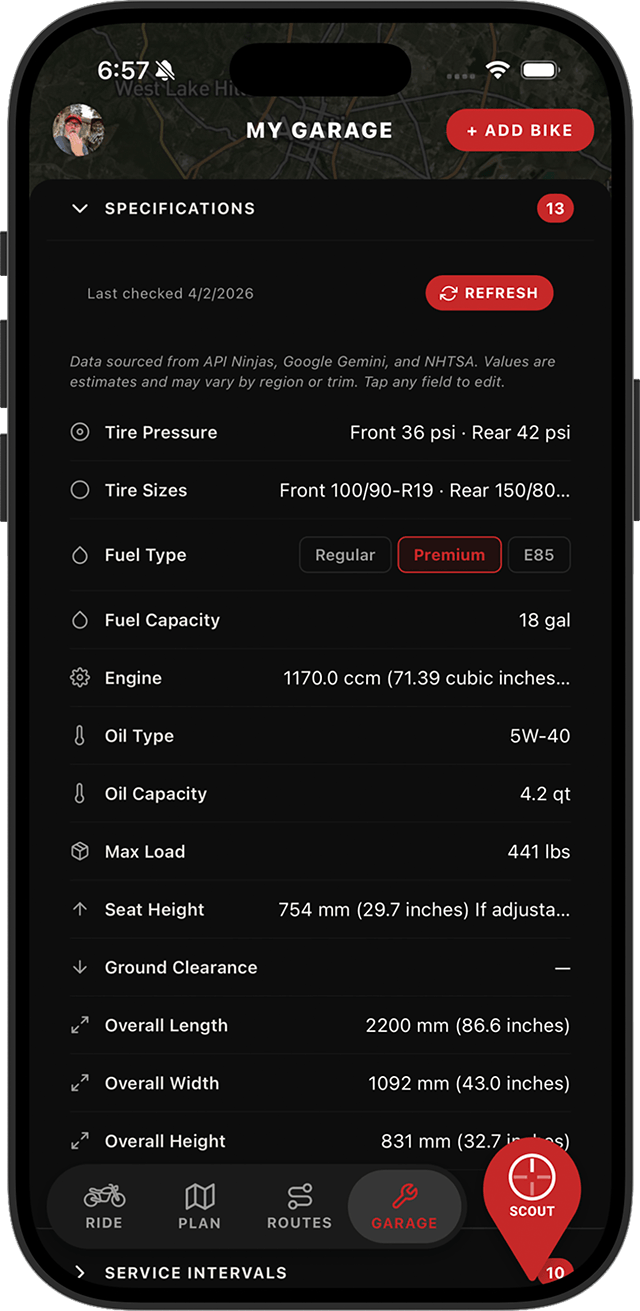 App screenshot: Specifications screen