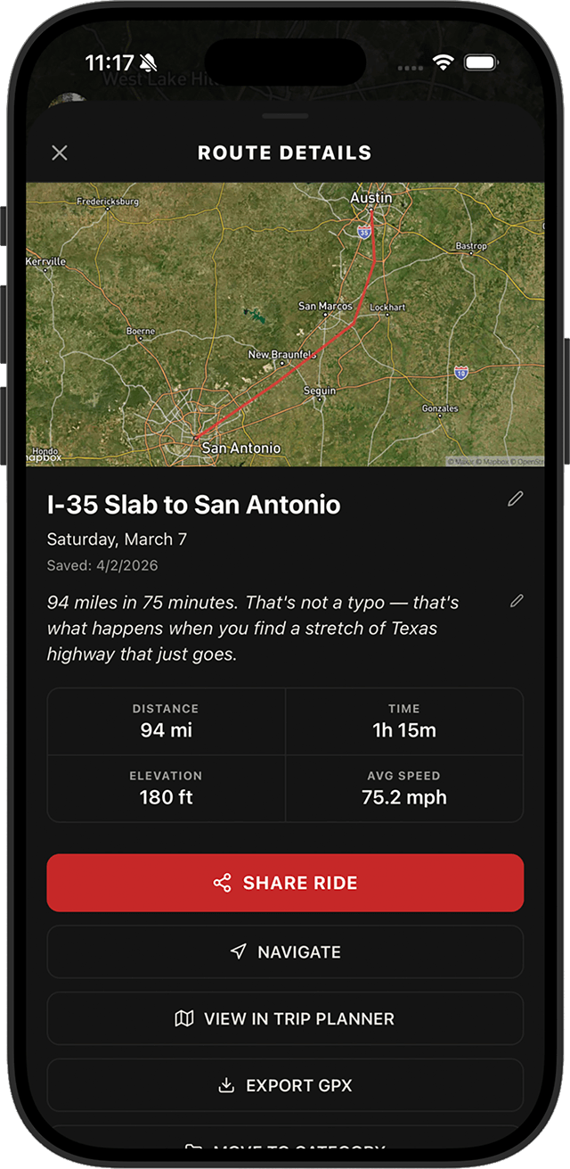 App screenshot: Ride summary share card