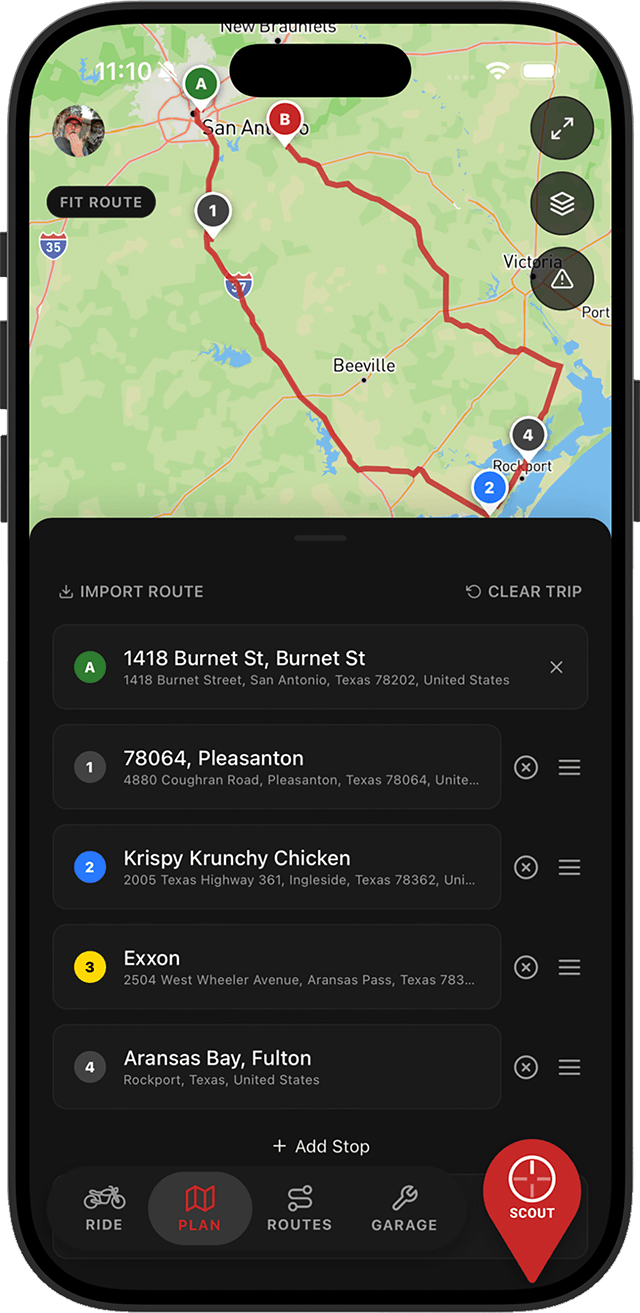 App screenshot: Route planner with waypoints
