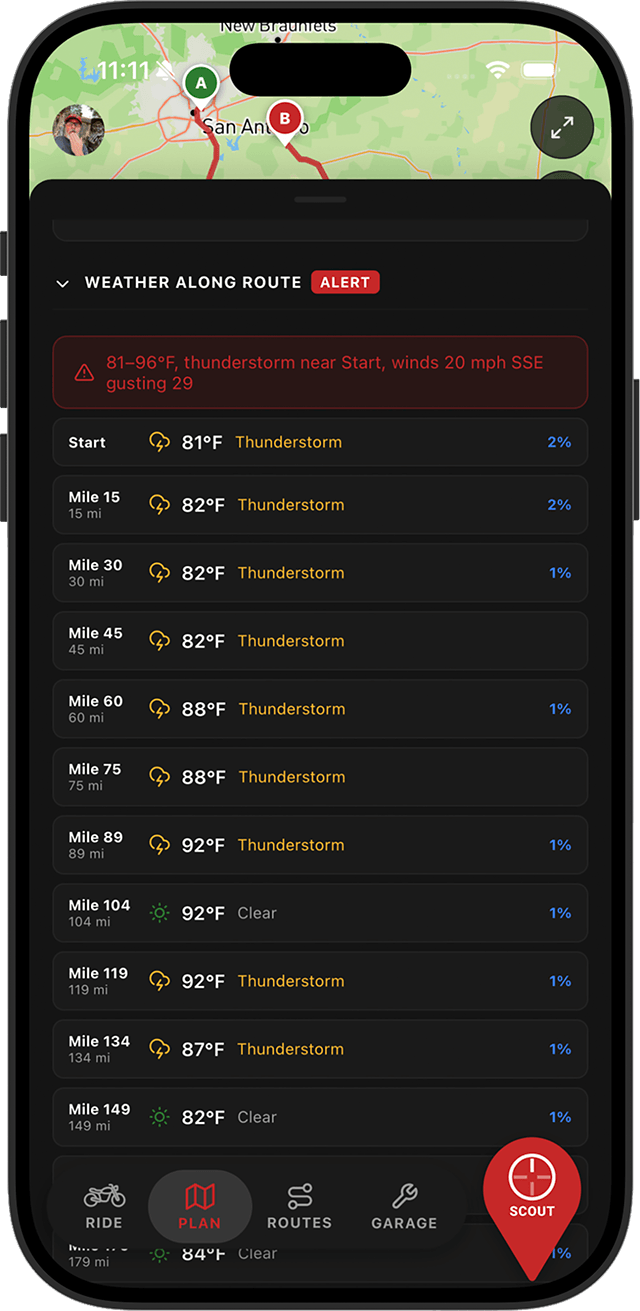 App screenshot: Route weather