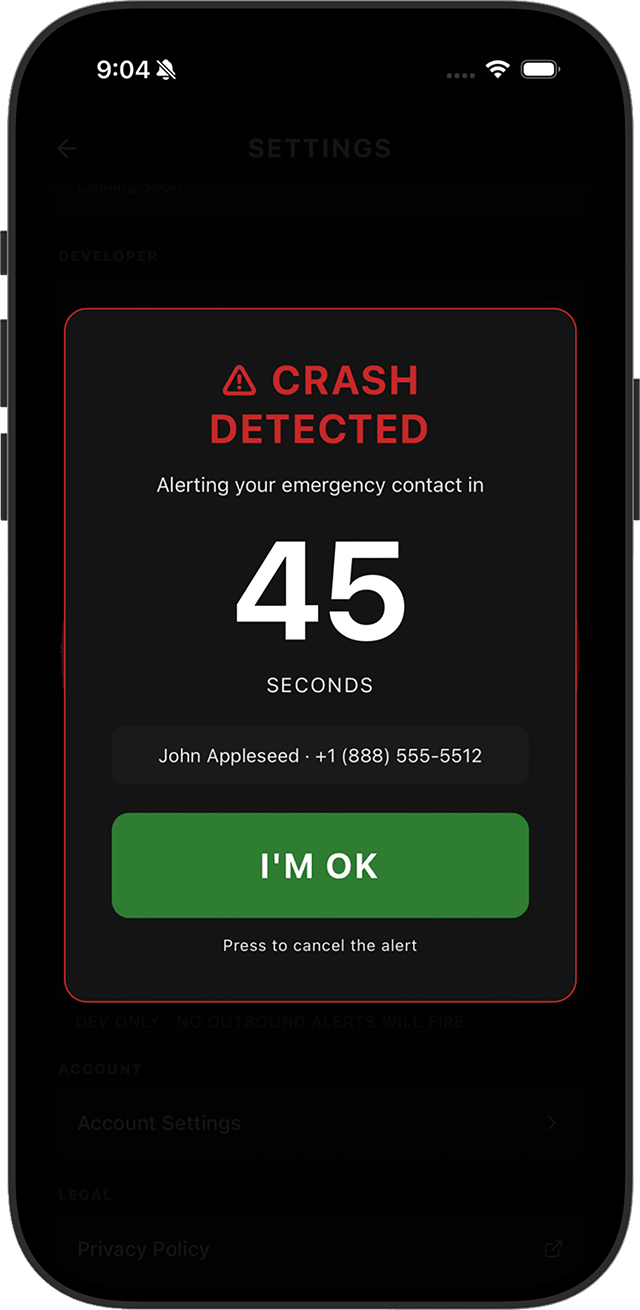 App screenshot: Crash detection countdown