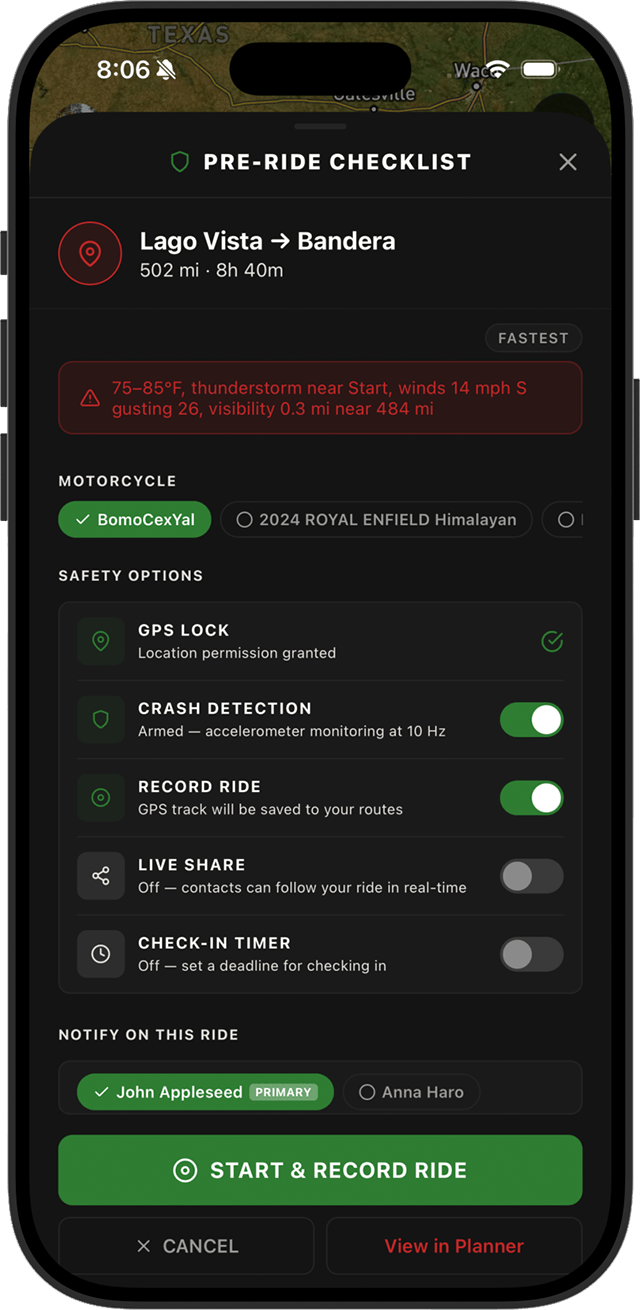 App screenshot: Pre-ride checklist screen