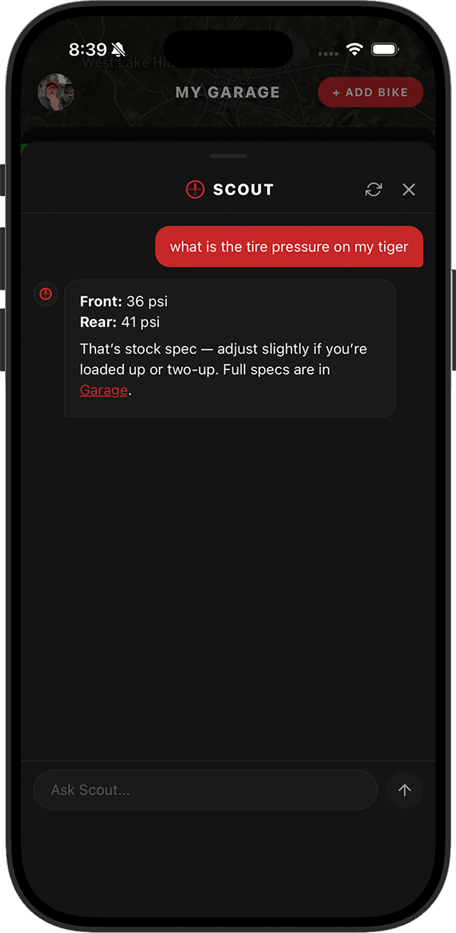 App screenshot: Scout answering a bike-specific question