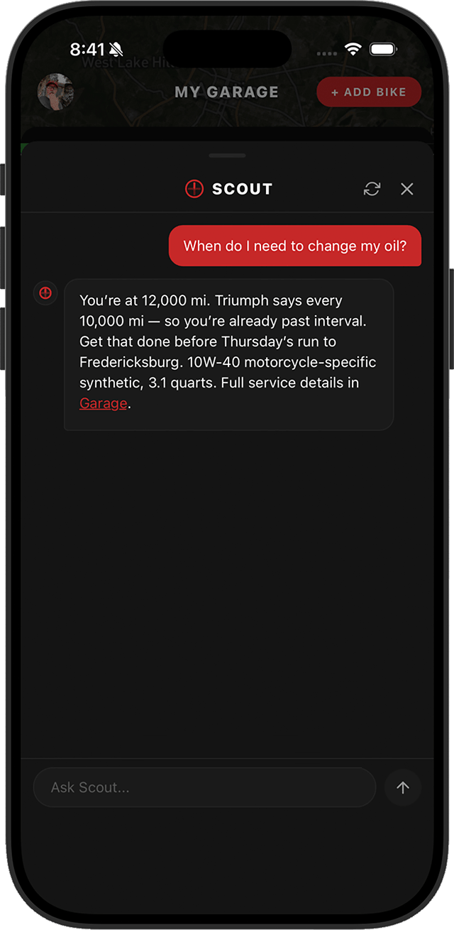 App screenshot: Scout logging a maintenance entry