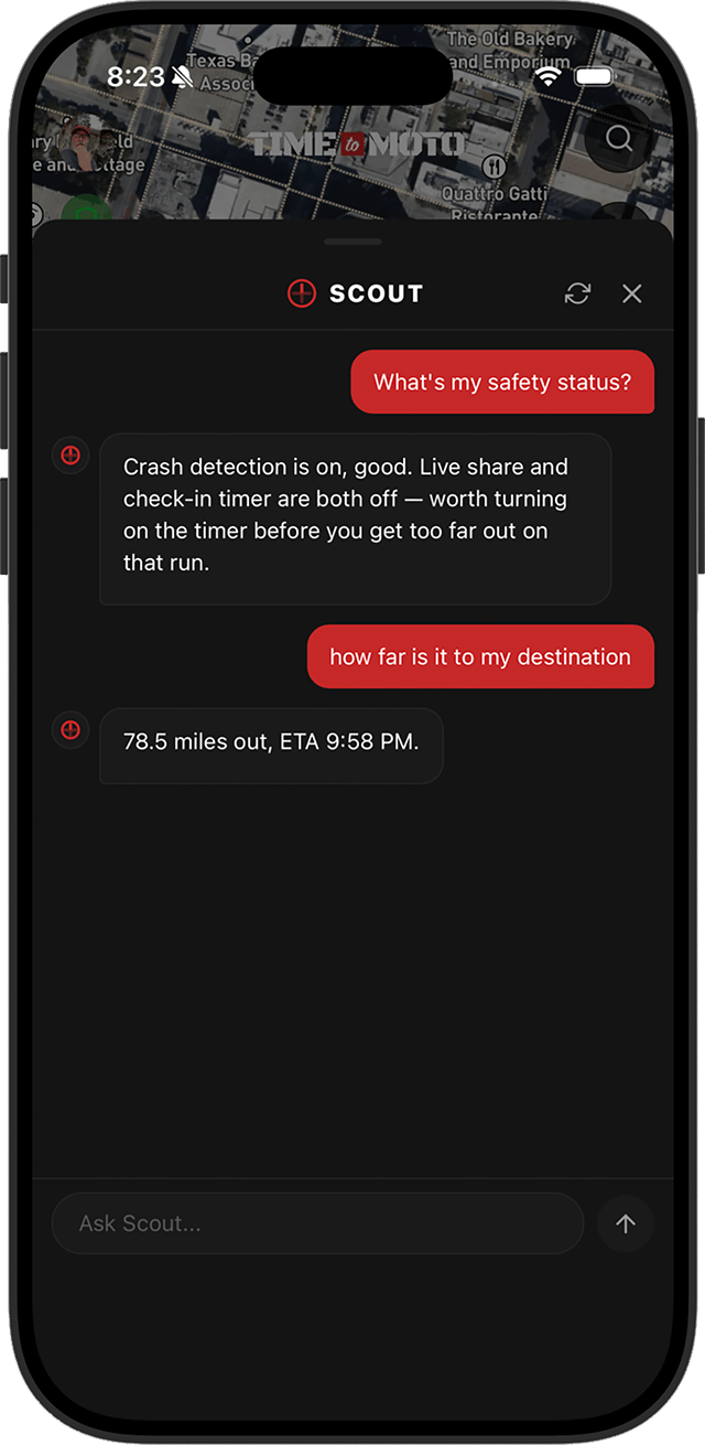 App screenshot: Ride screen with mid-ride Scout exchange
