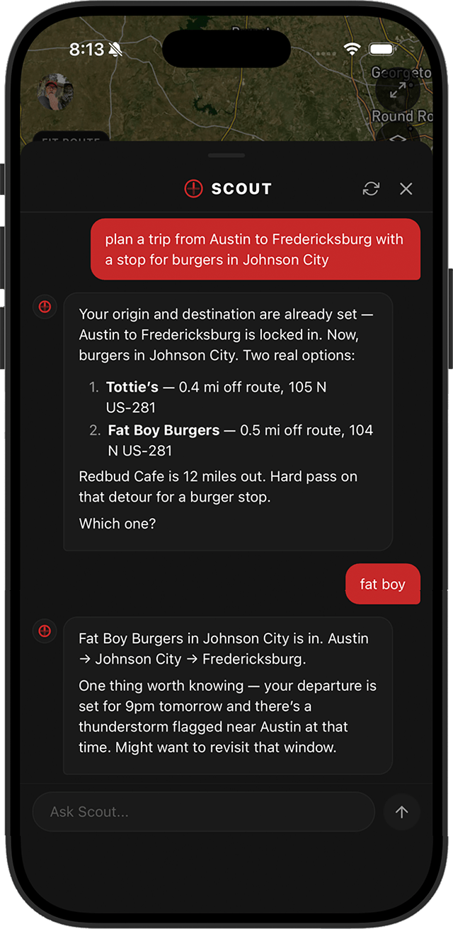 App screenshot: Plan tab with a planned route from Austin to Fredericksburg