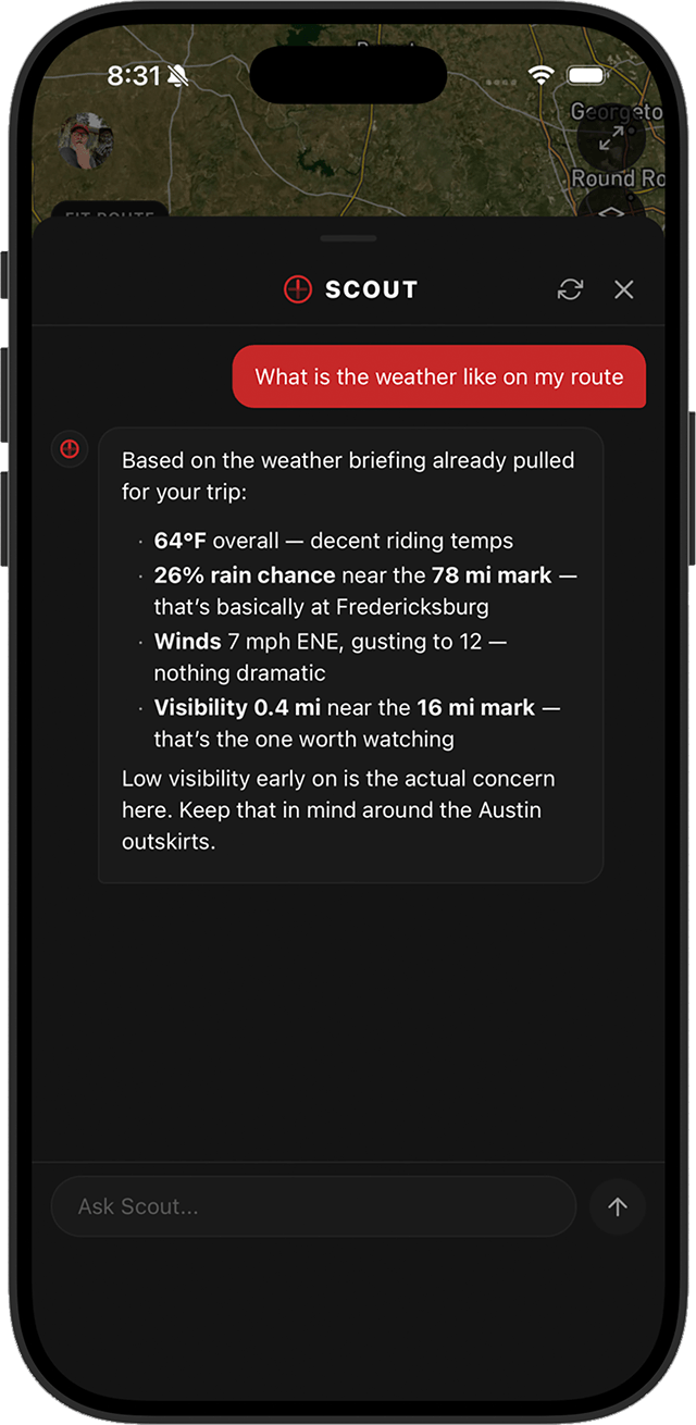 App screenshot: Weather and conditions along the route