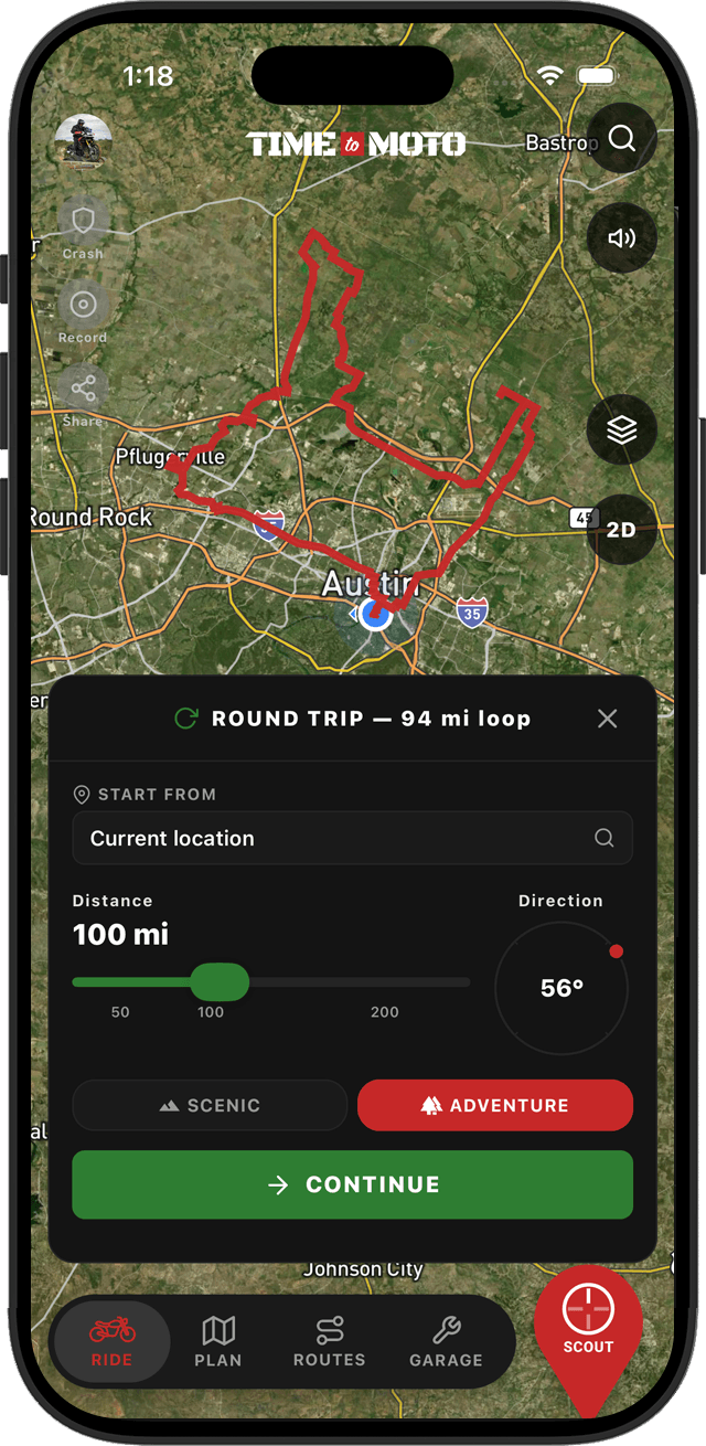 App mockup: Round trip loop planner